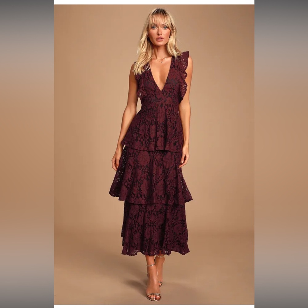 Lulus Molinetto Burgundy Lace Ruffled Tiered Sleeveless Maxi Dress
